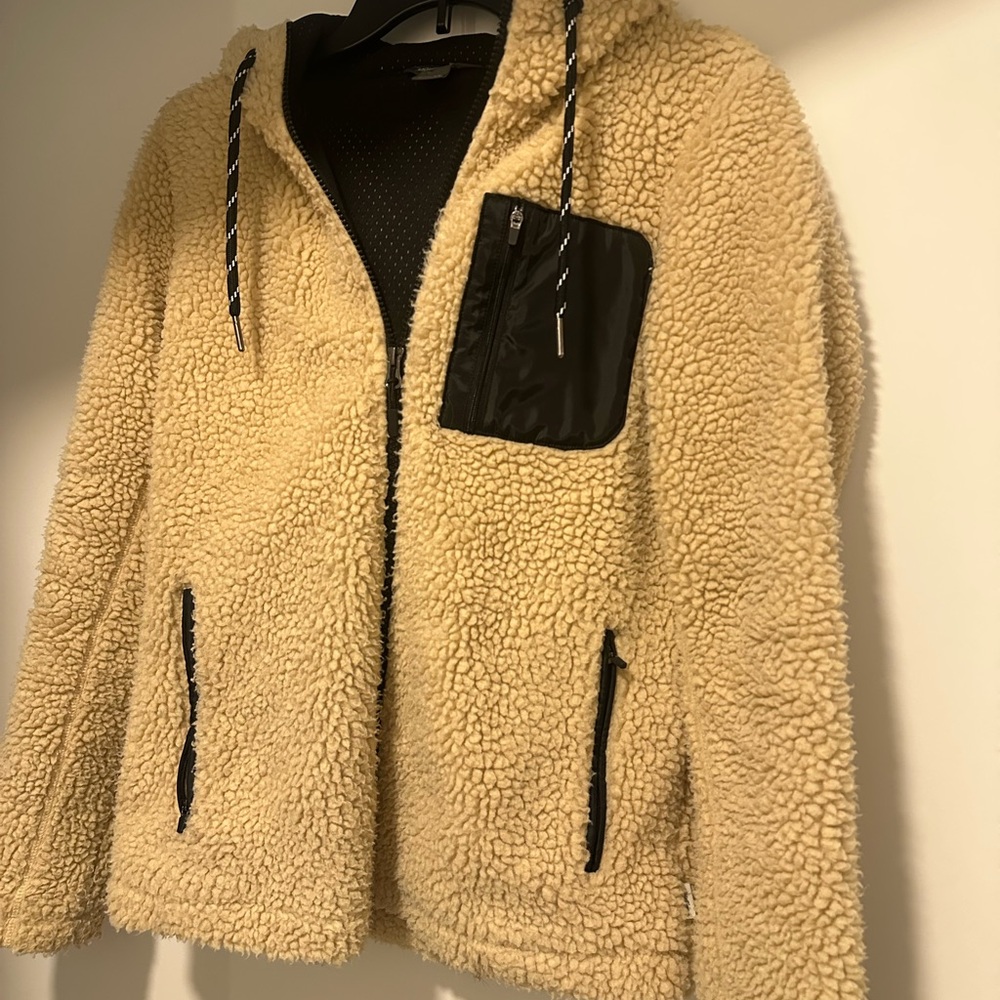 Eddie Bauer Cream Sherpa Zip Hoodie with Black Pocket